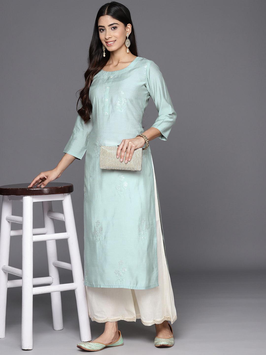 Grey Embroidered Silk Straight Kurta - Libas