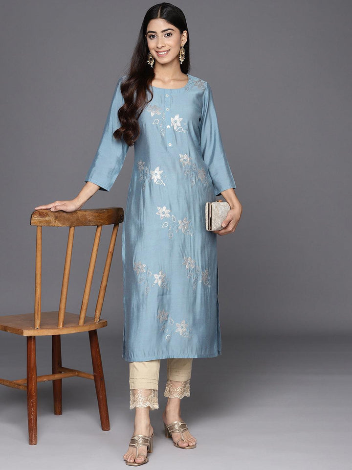 Grey Embroidered Silk Straight Kurta - Libas