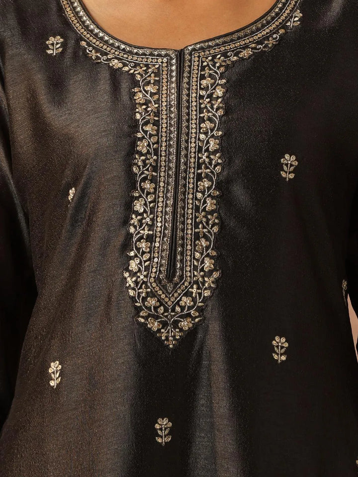 Grey Embroidered Silk Straight Kurta - Libas