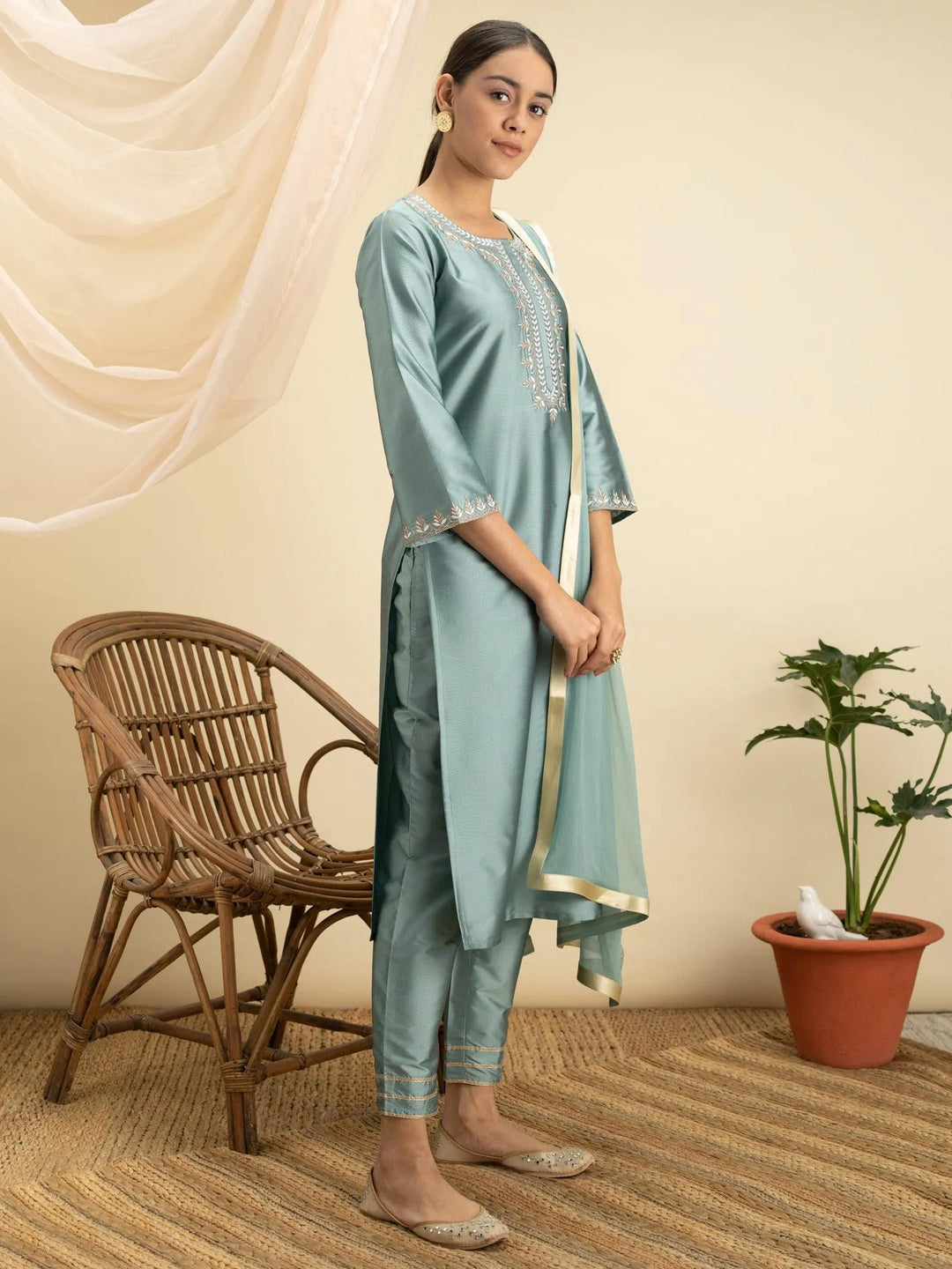 Grey Embroidered Silk Suit Set - Libas 