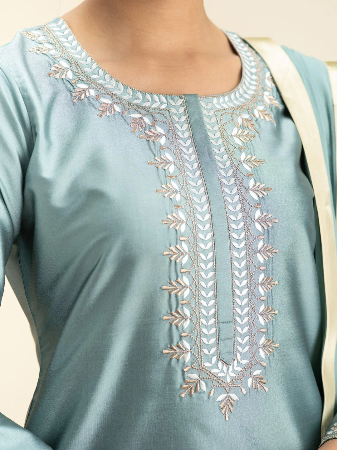 Grey Embroidered Silk Suit Set - Libas 