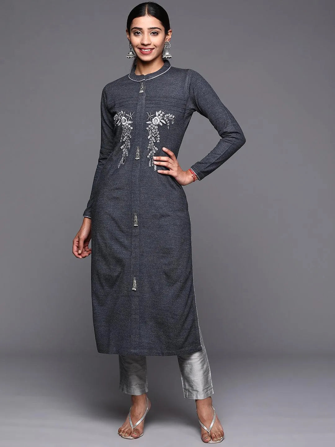 Grey Embroidered Wool Straight Kurta - Libas