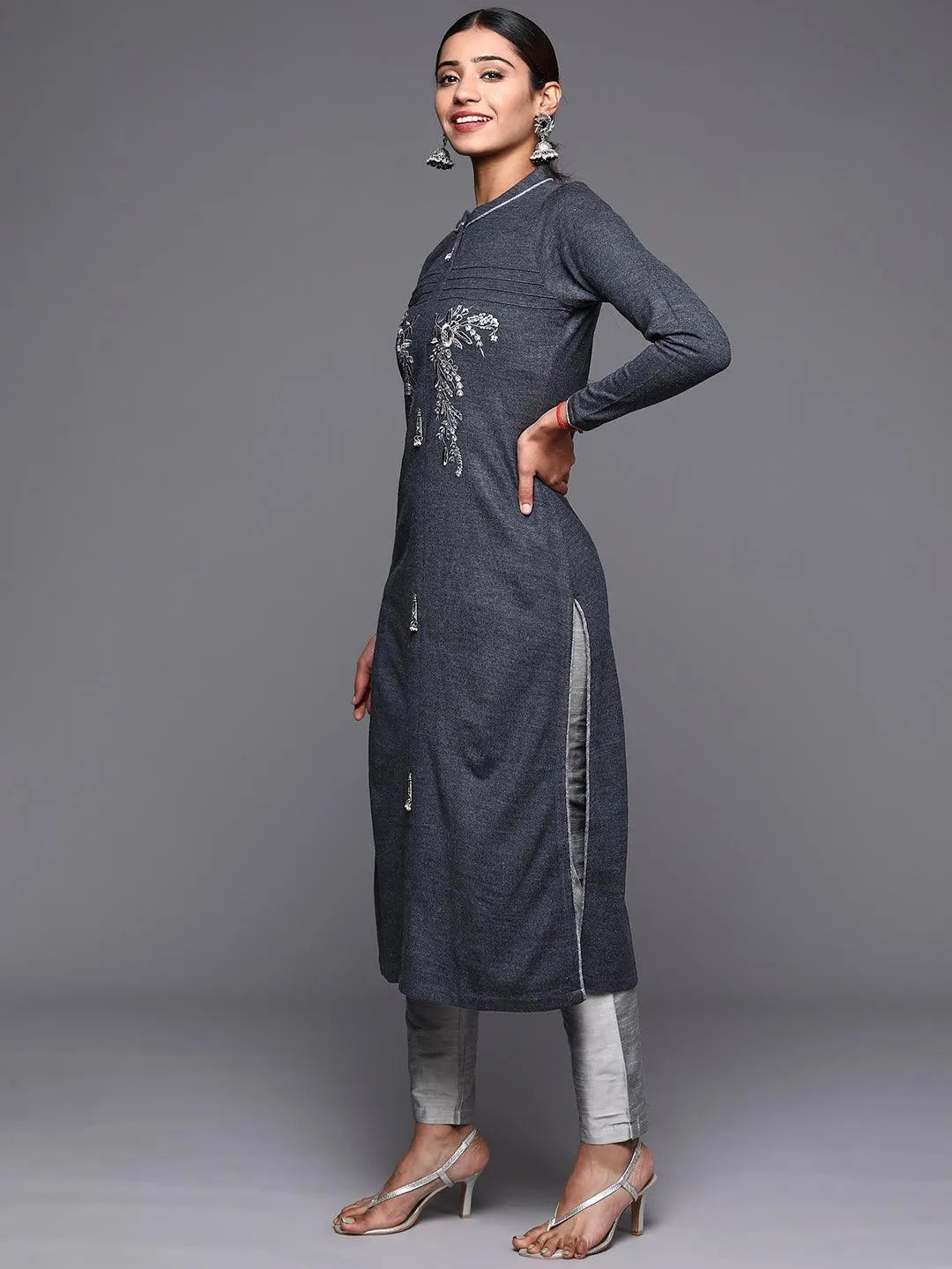 Grey Embroidered Wool Straight Kurta - Libas