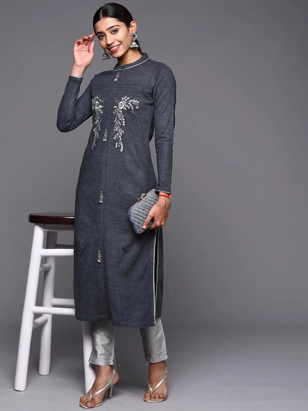 Grey Embroidered Wool Straight Kurta - Libas