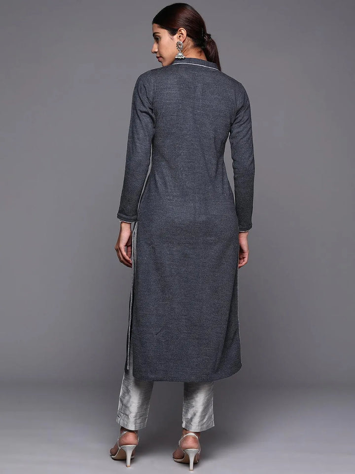 Grey Embroidered Wool Straight Kurta - Libas