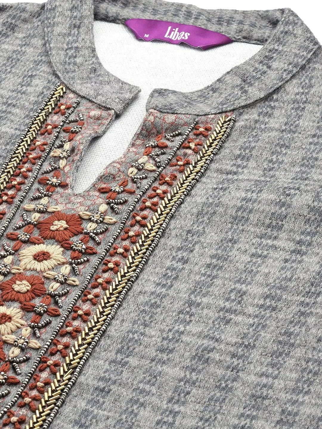 

Grey Embroidered Wool Straight Kurta With Trousers & Dupatta