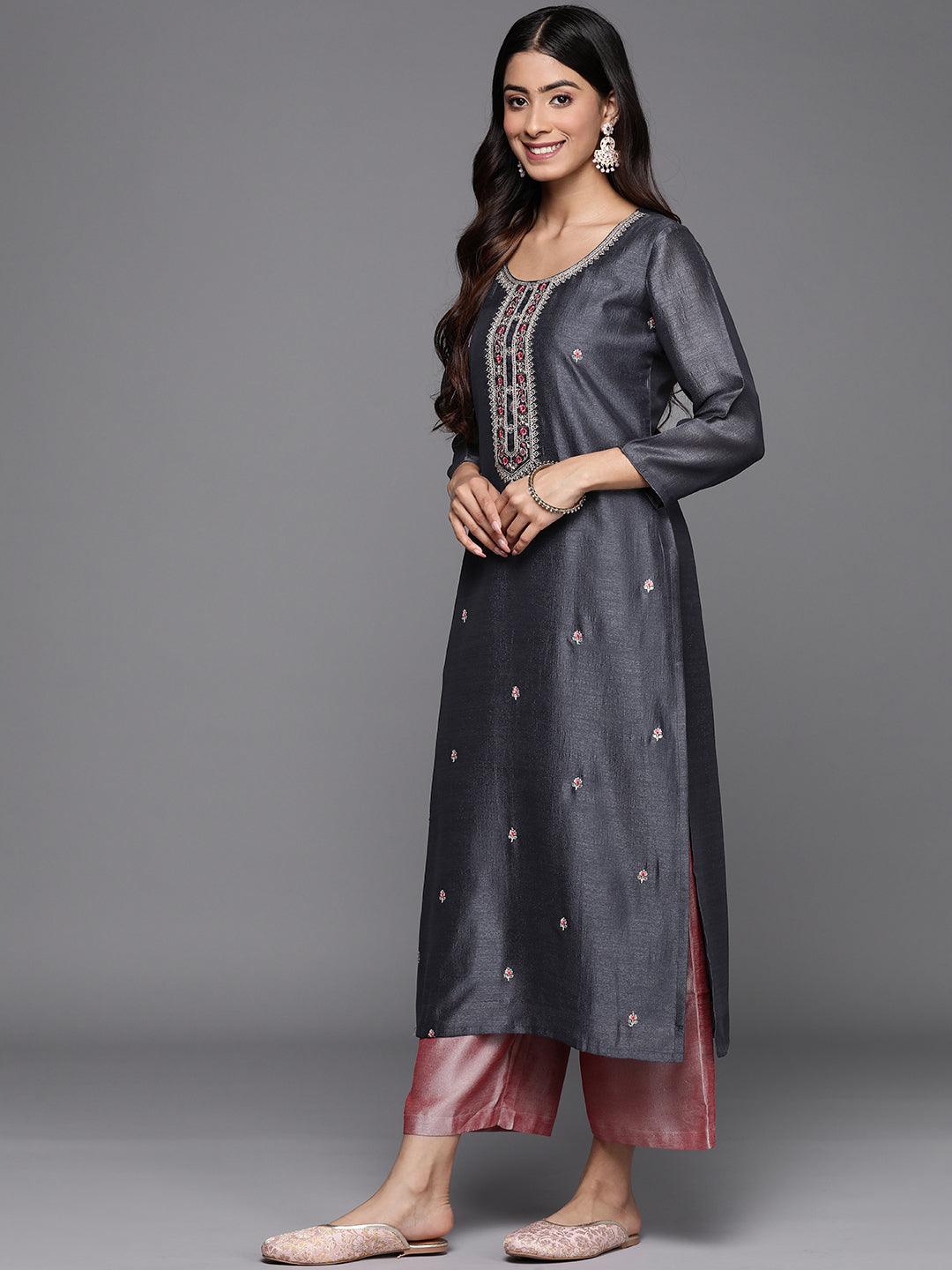 Grey Embellished Silk Straight Kurta - Libas