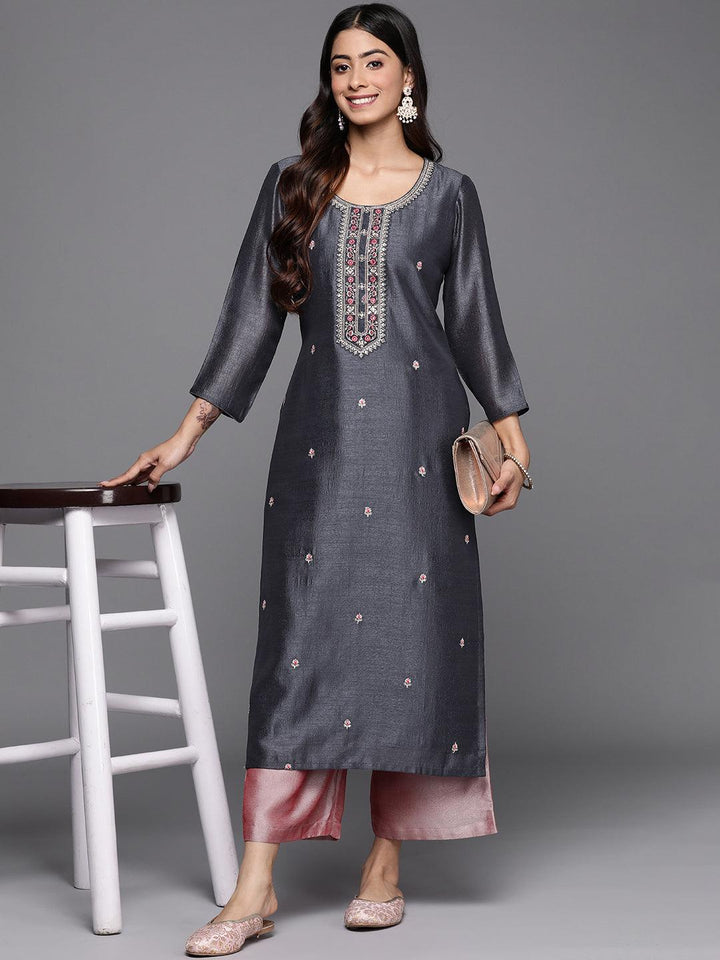 Grey Embellished Silk Straight Kurta - Libas