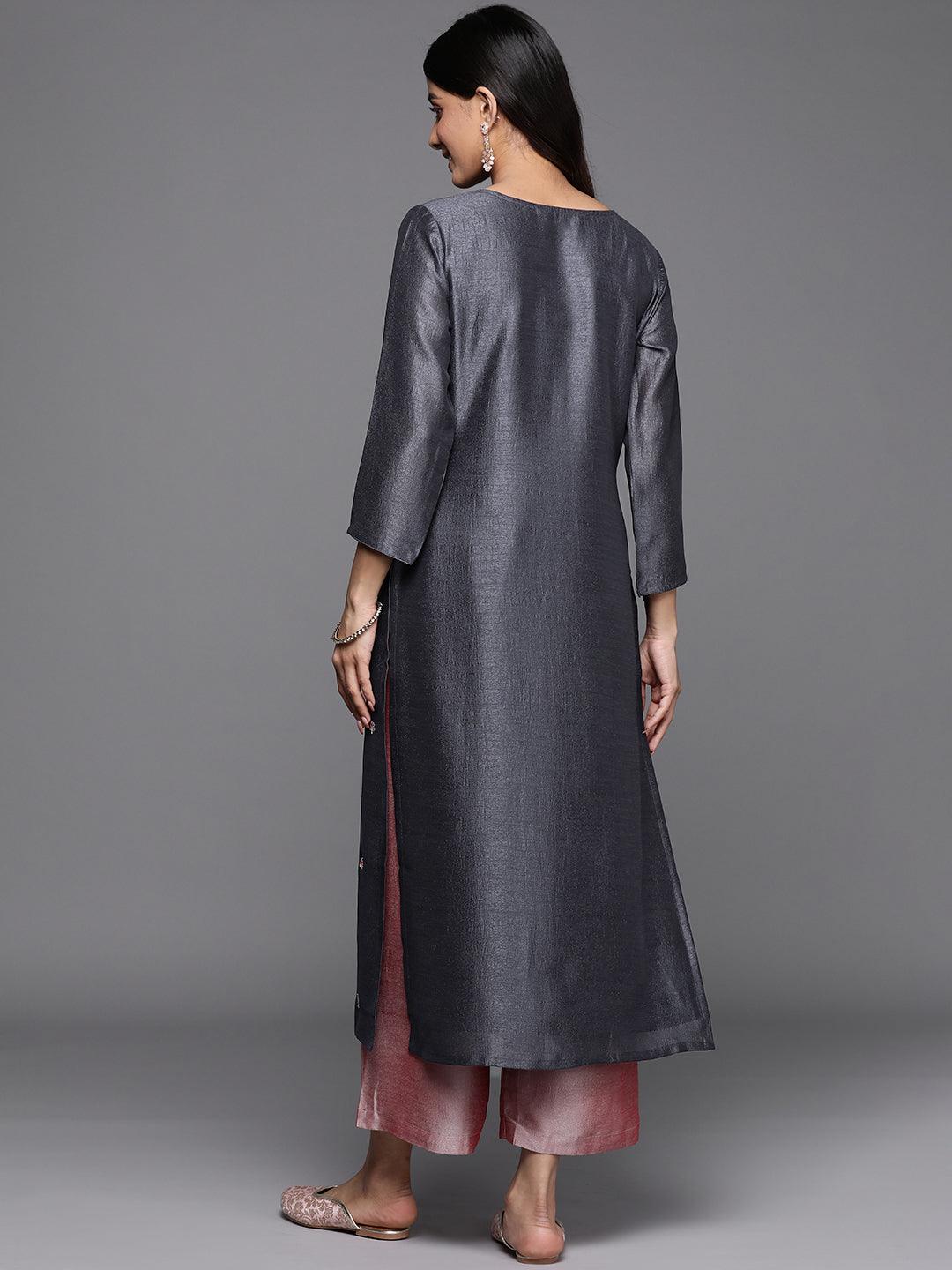 Grey Embellished Silk Straight Kurta - Libas