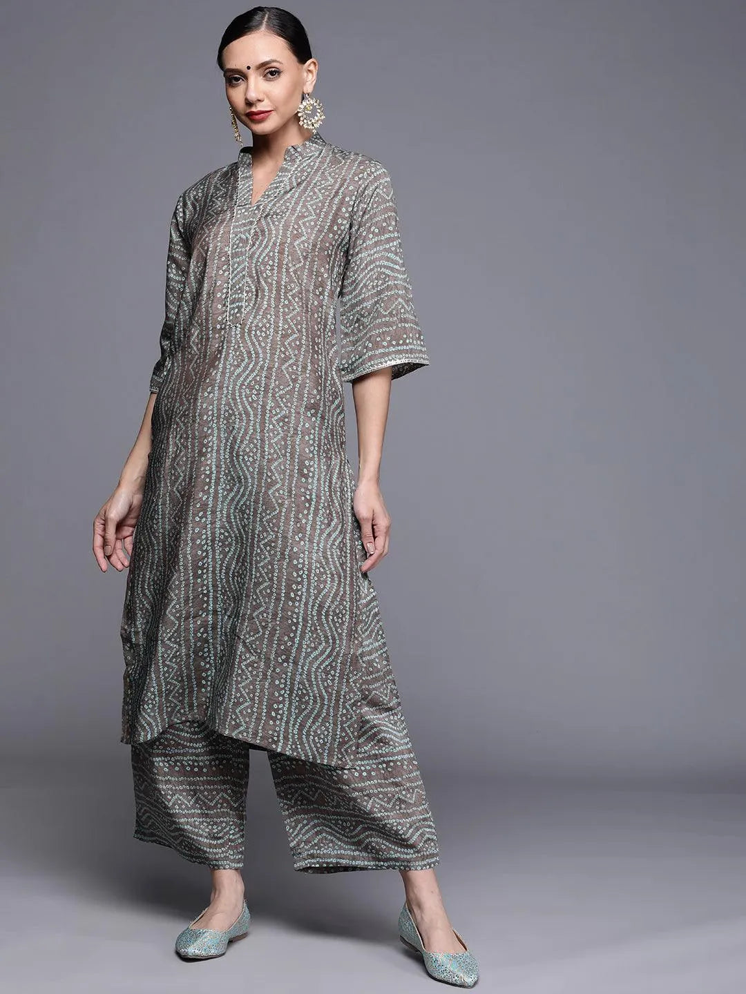 Grey Printed Chanderi Silk Kurta - Libas 