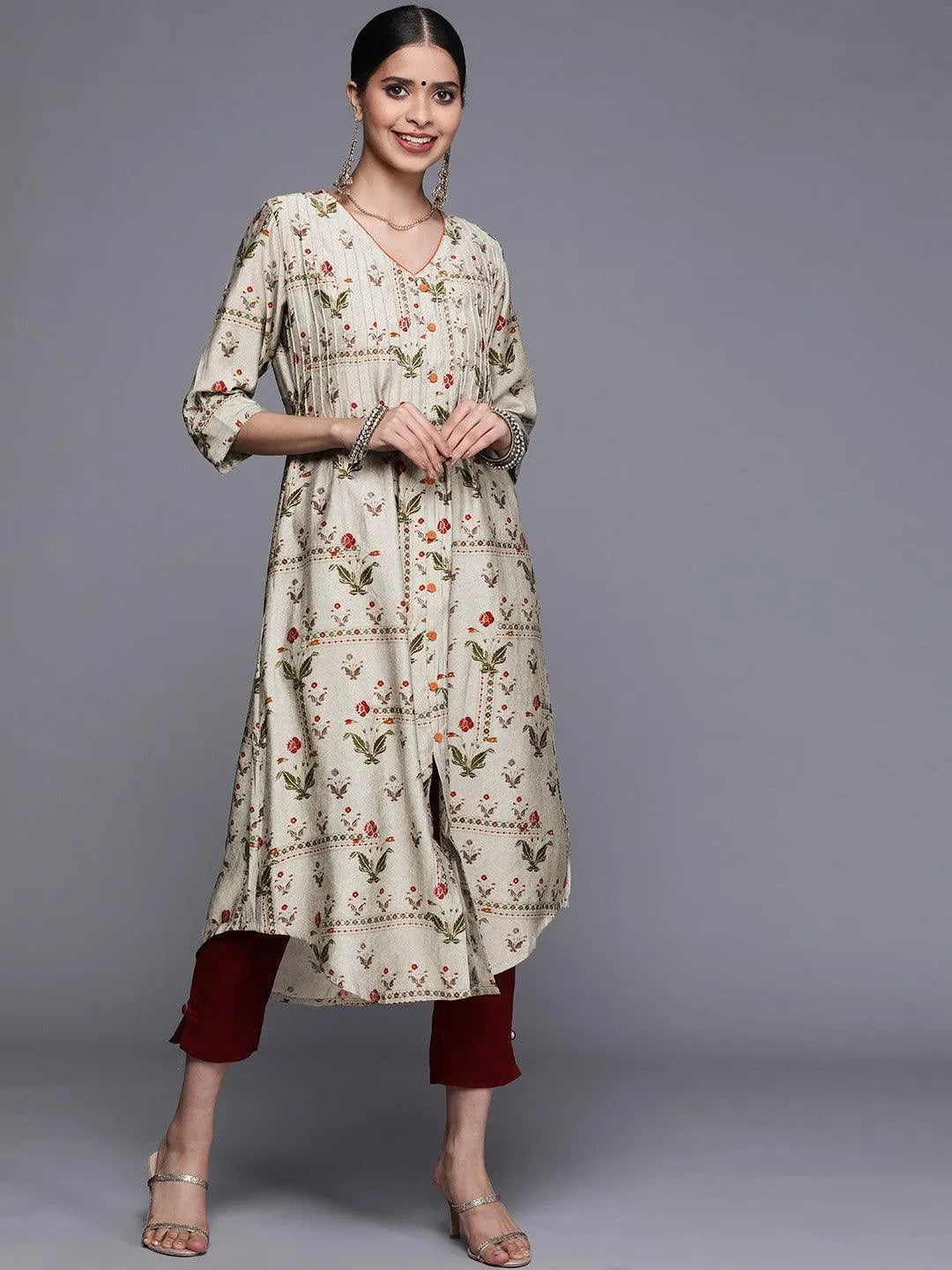 Grey Printed Chanderi Silk Kurta - Libas 