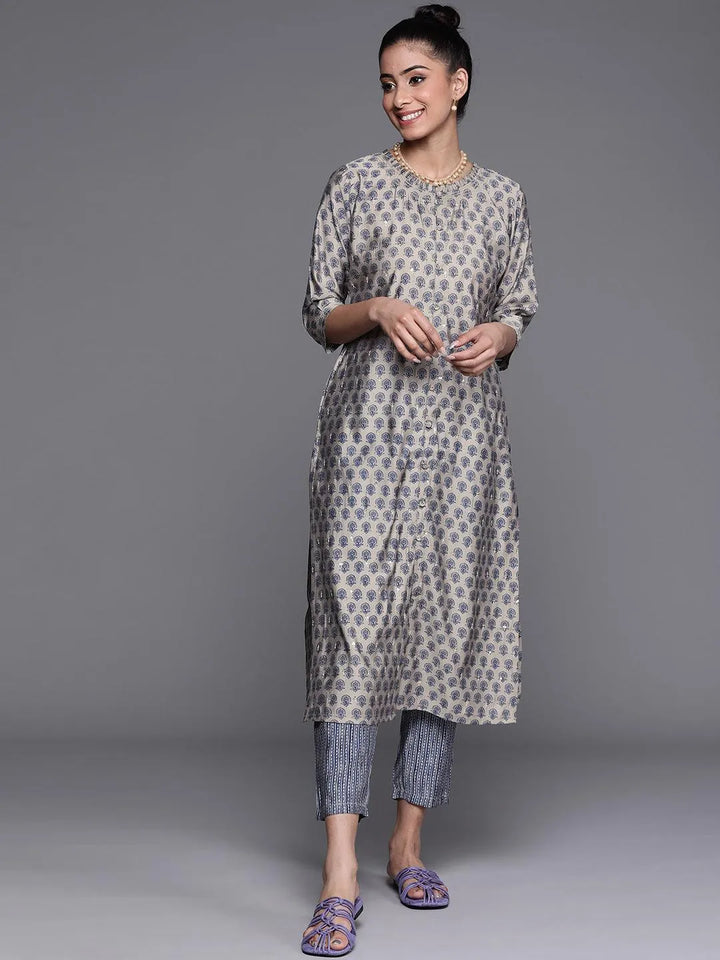 Grey Printed Chanderi Silk Kurta - Libas