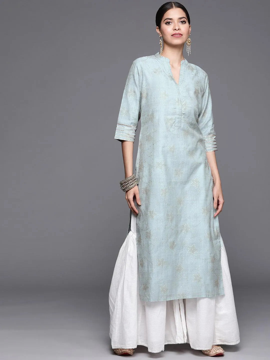 Grey Printed Chanderi Silk Kurta - Libas 