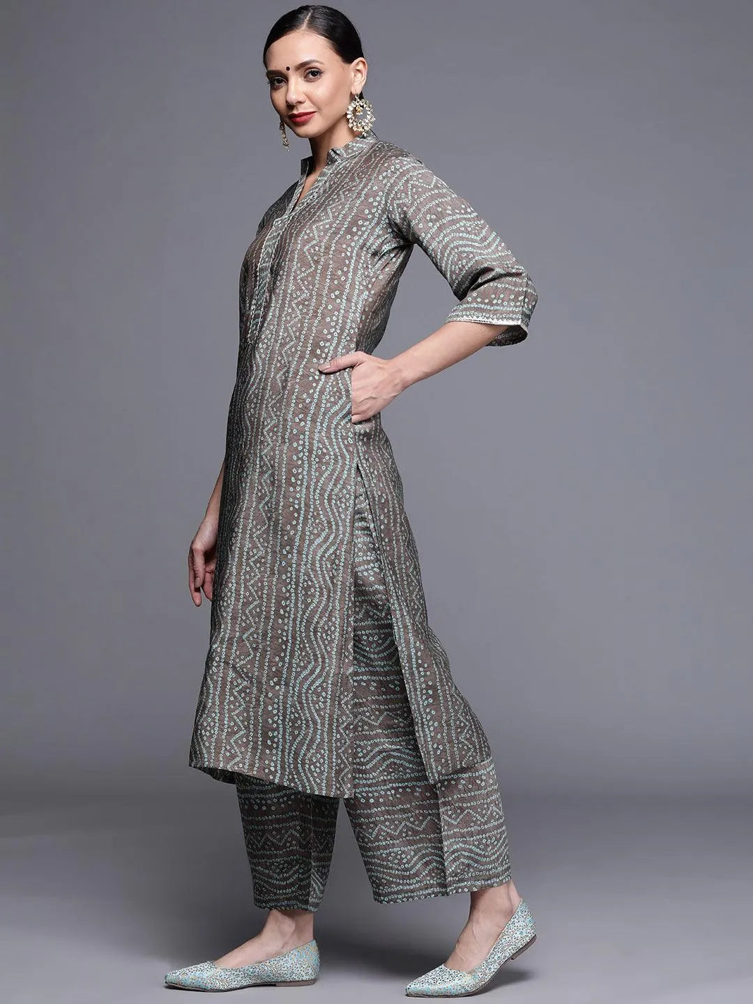 Grey Printed Chanderi Silk Kurta - Libas