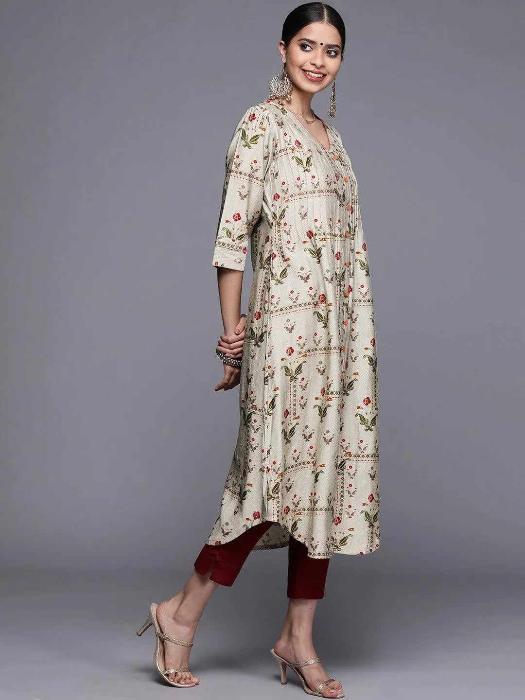 Grey Printed Chanderi Silk Kurta - Libas 