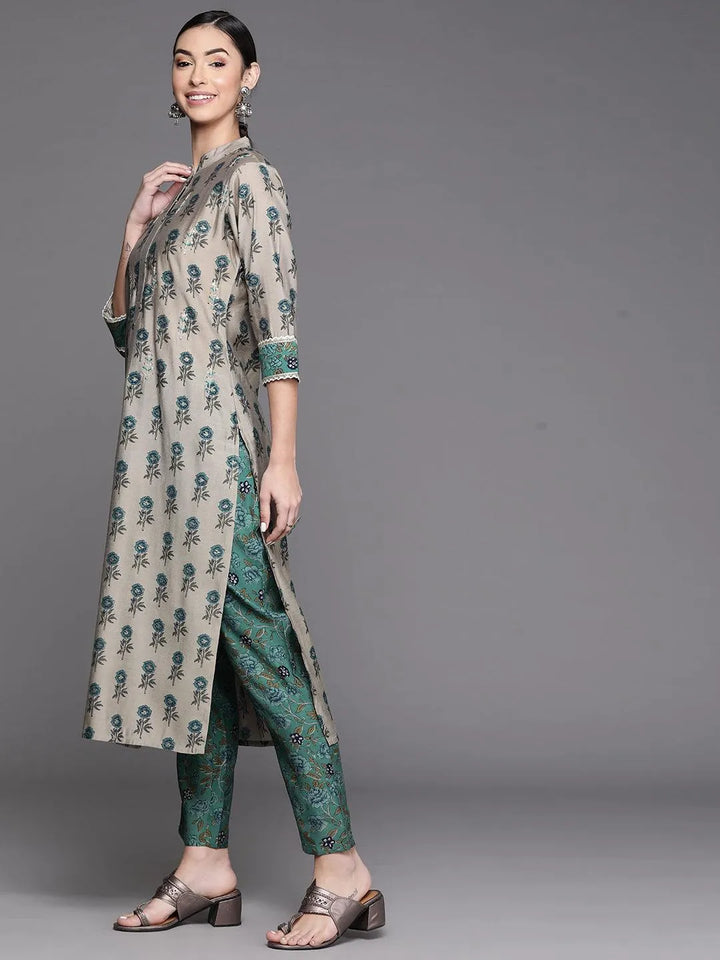 Grey Printed Chanderi Silk Kurta - Libas