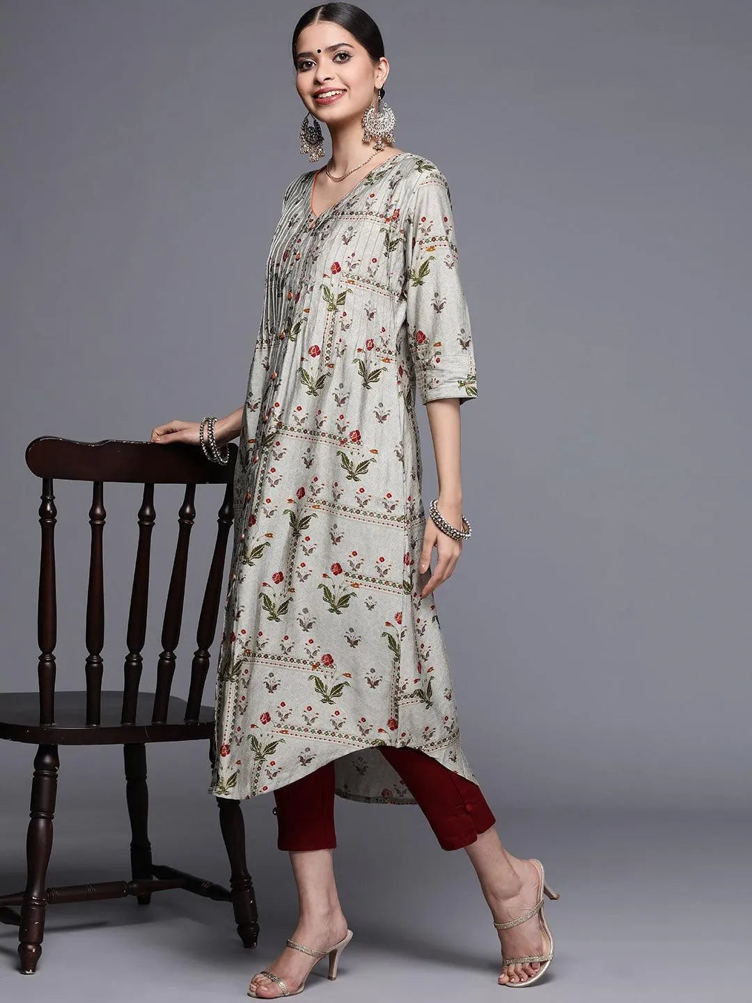 Grey Printed Chanderi Silk Kurta - Libas