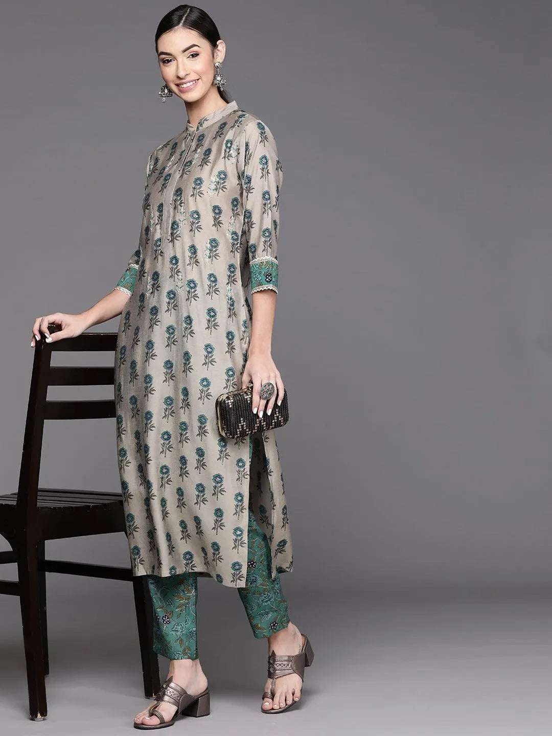 Grey Printed Chanderi Silk Kurta - Libas