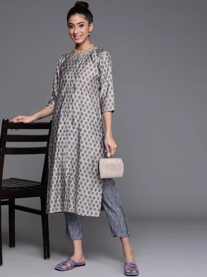 Grey Printed Chanderi Silk Kurta - Libas