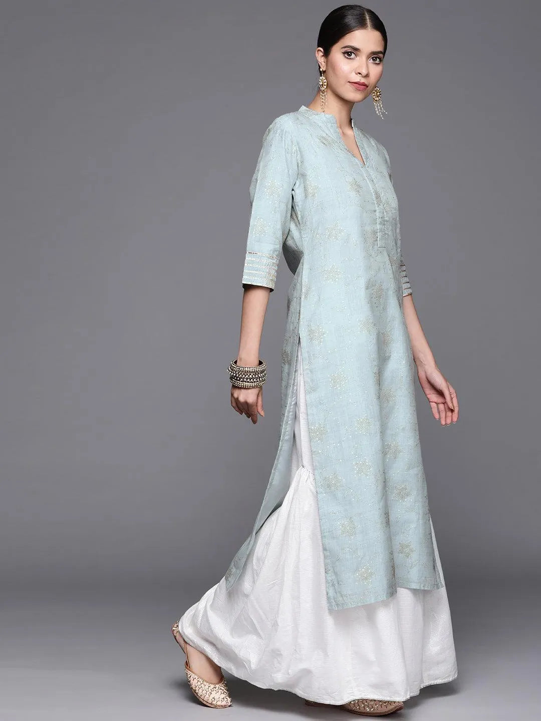 Grey Printed Chanderi Silk Kurta - Libas