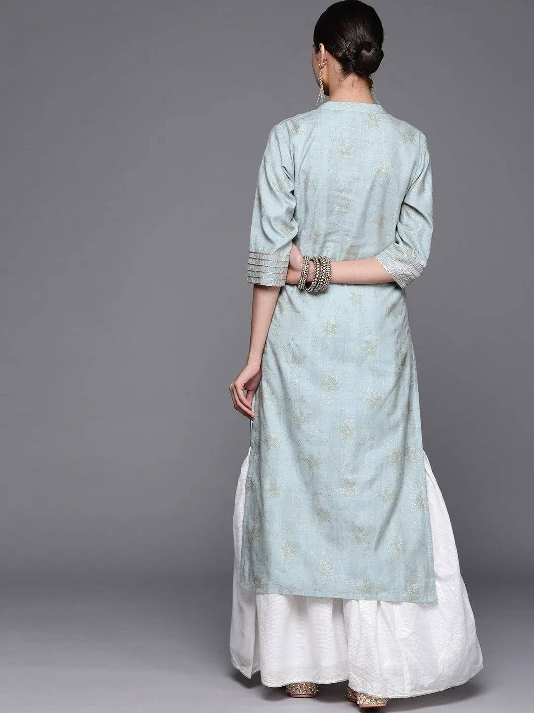 Grey Printed Chanderi Silk Kurta - Libas 