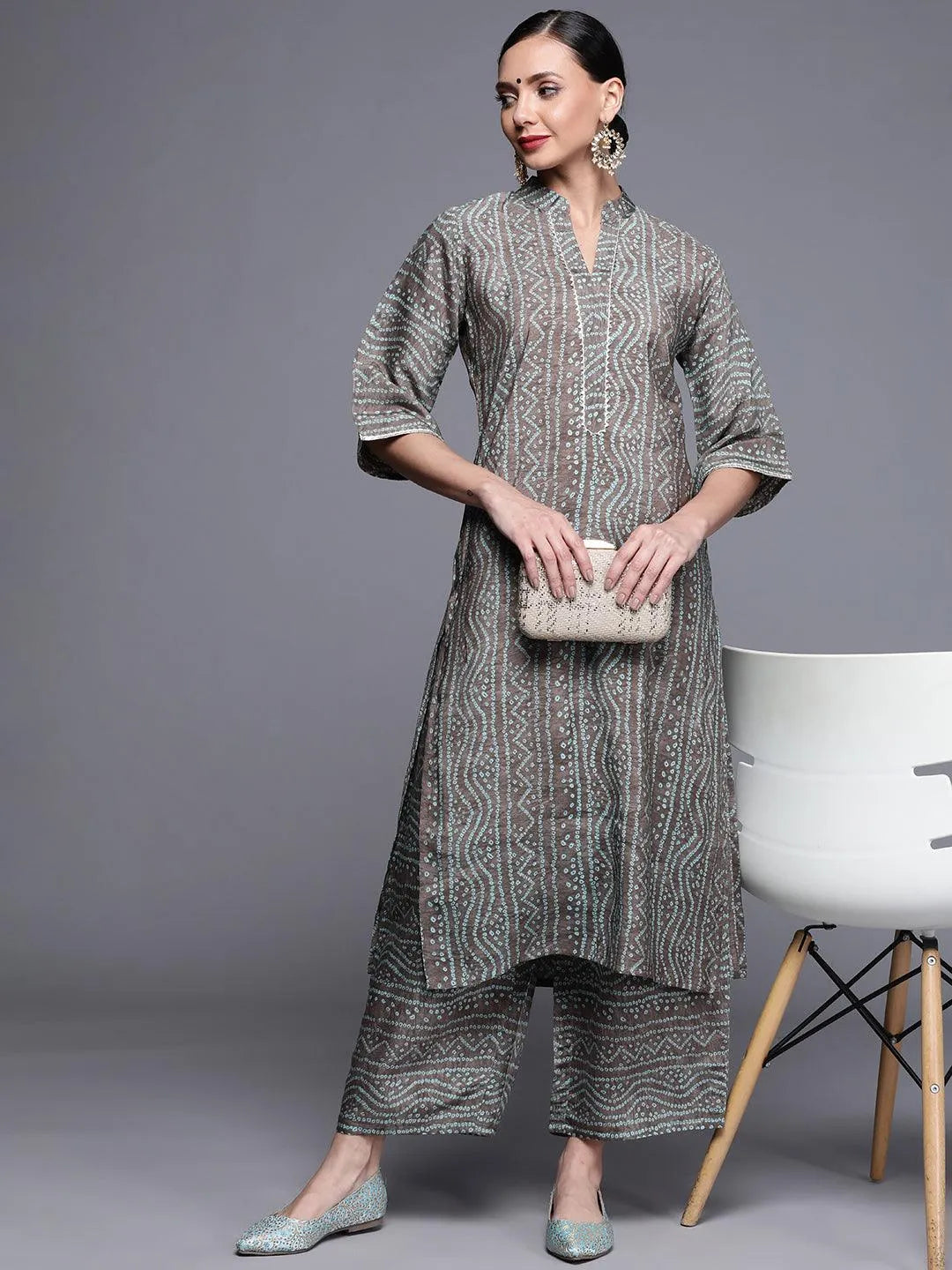 Grey Printed Chanderi Silk Kurta - Libas 