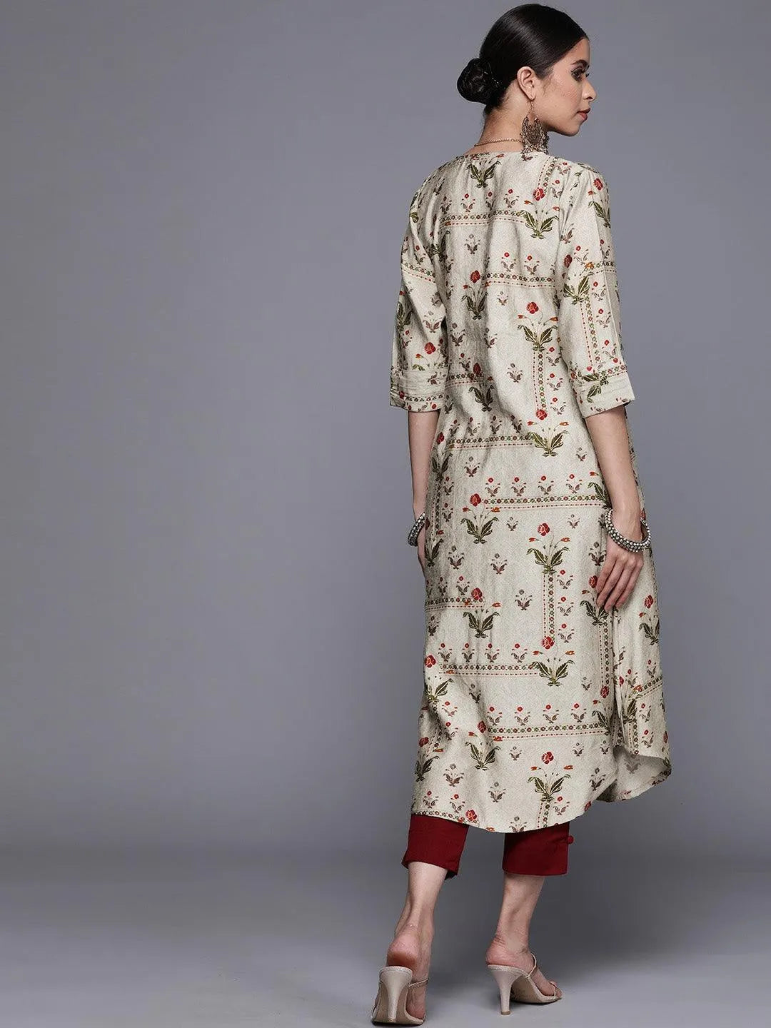 Grey Printed Chanderi Silk Kurta - Libas