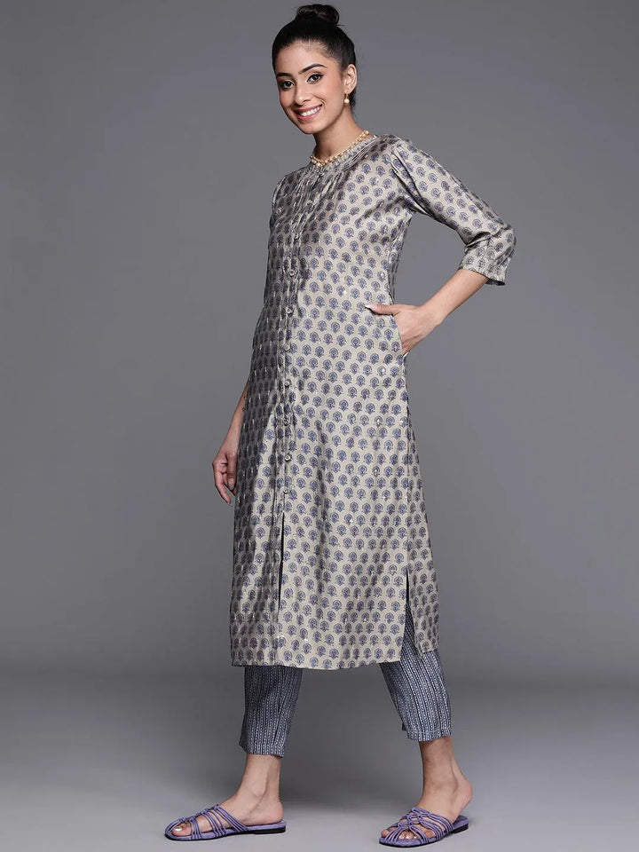 Grey Printed Chanderi Silk Kurta - Libas