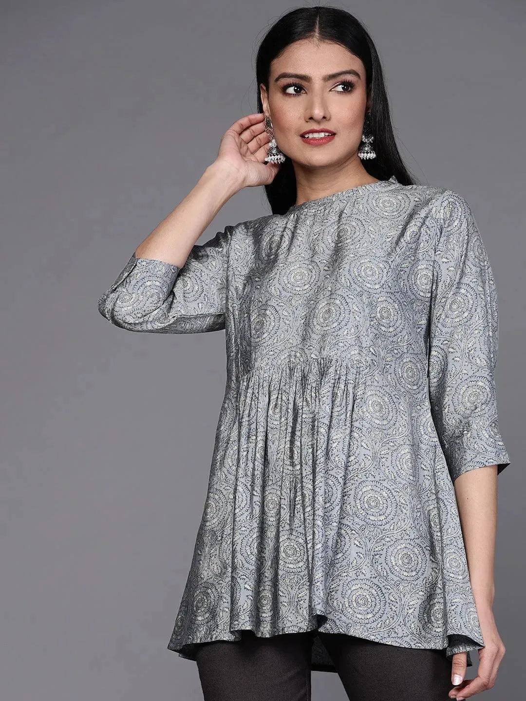 

Buy Grey Printed Chanderi Silk Kurti - 23127O- | Libas Ethnic Wear Online