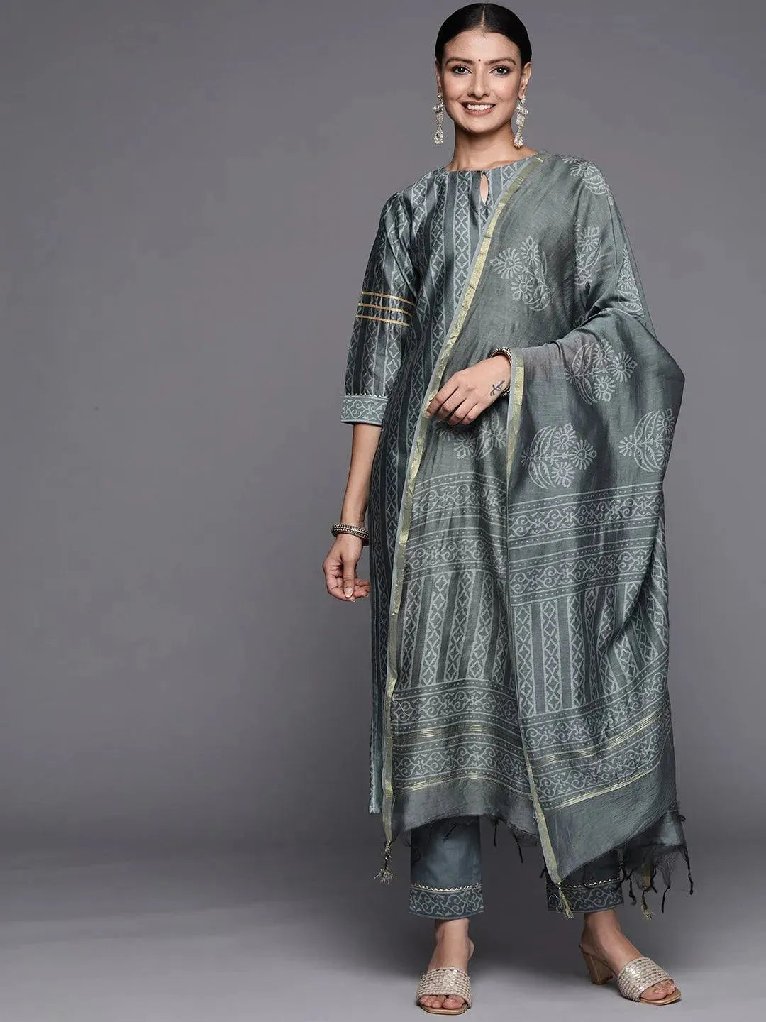 

Grey Printed Chanderi Silk Straight Kurta With Dupatta