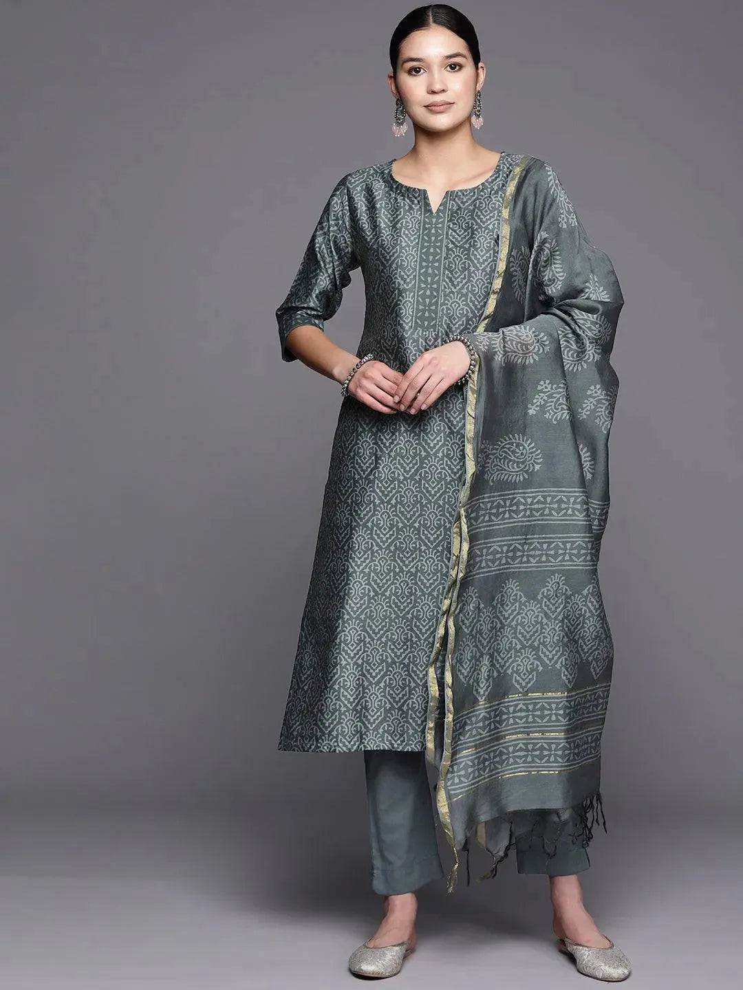 

Grey Printed Chanderi Silk Straight Kurta With Dupatta