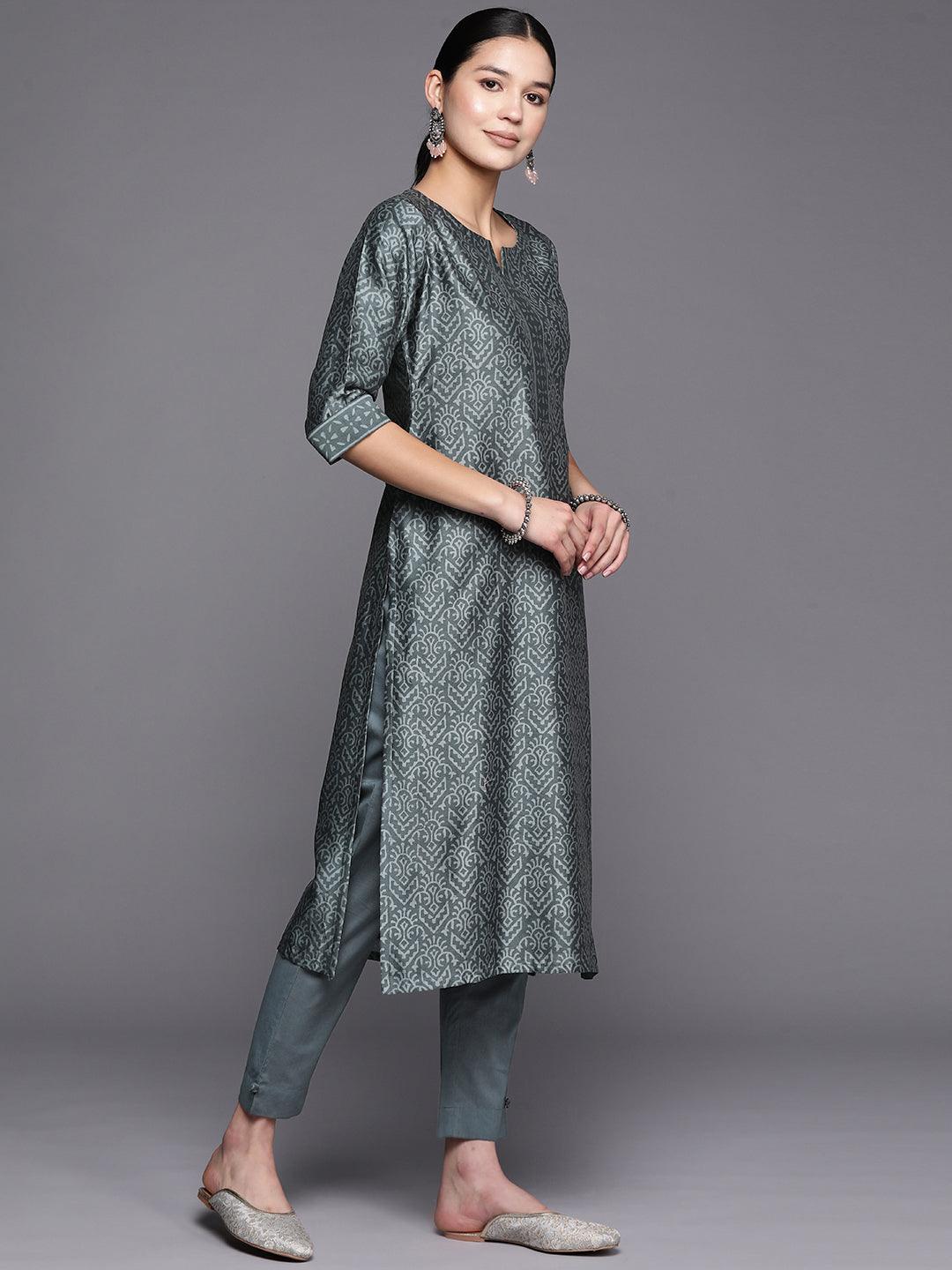 Grey Printed Chanderi Silk Straight Kurta With Dupatta