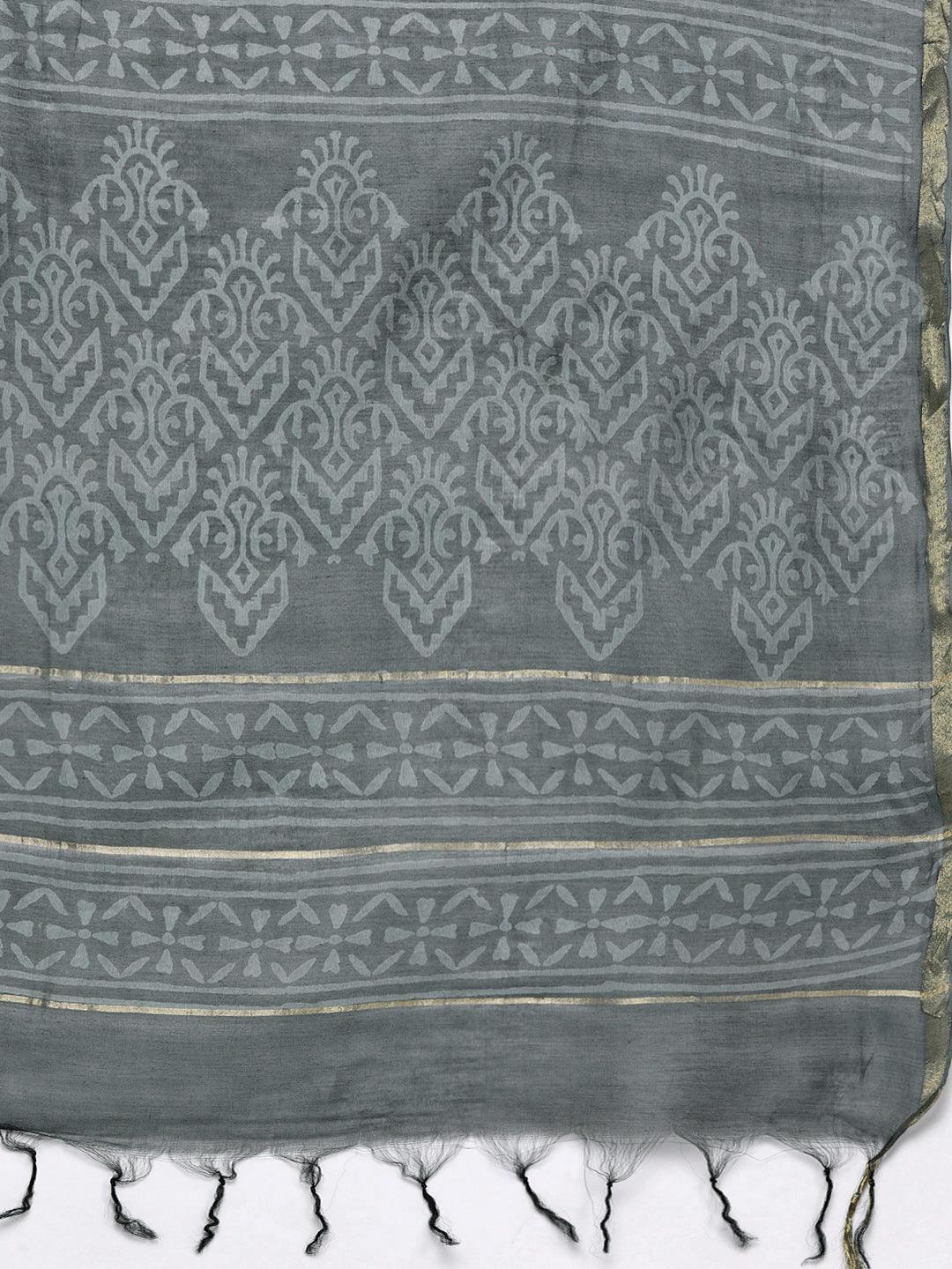 Grey Printed Chanderi Silk Straight Kurta With Dupatta