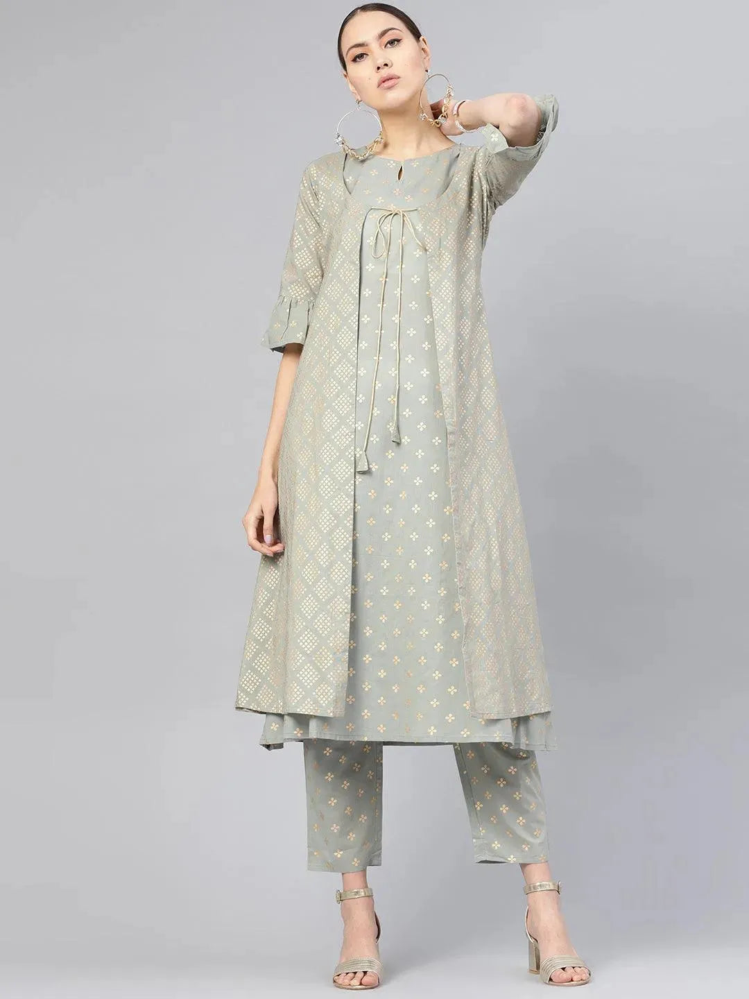 Grey Printed Cotton Kurta Set - Libas