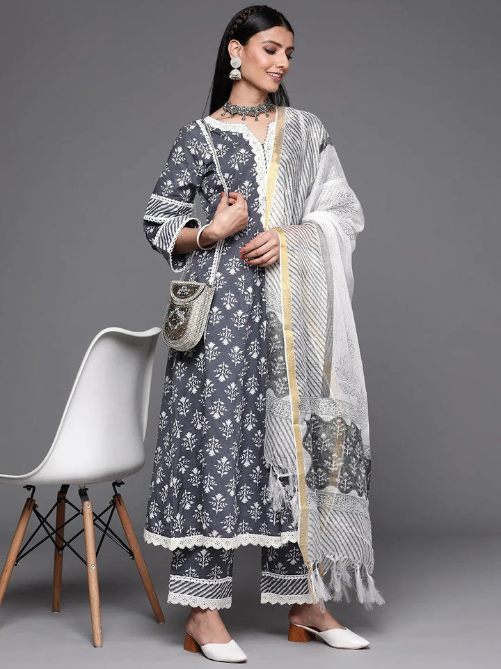 Grey Printed Cotton Suit Set - Libas