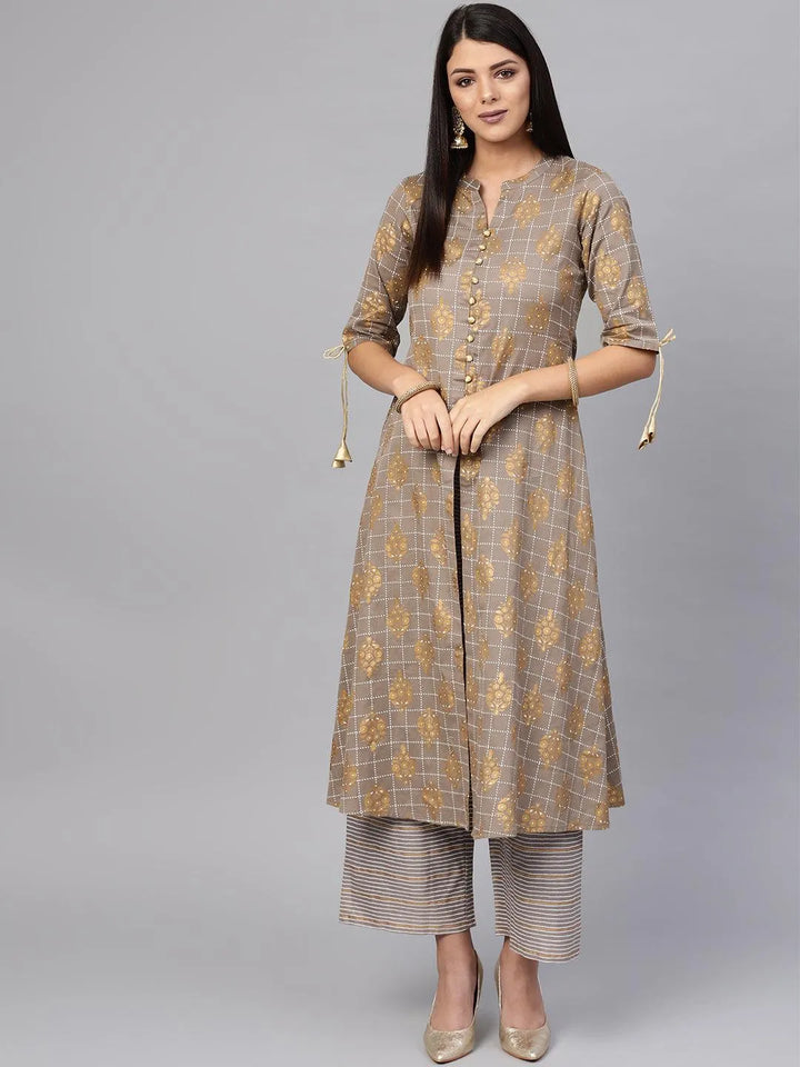 Grey Printed Cotton Kurta Set - Libas