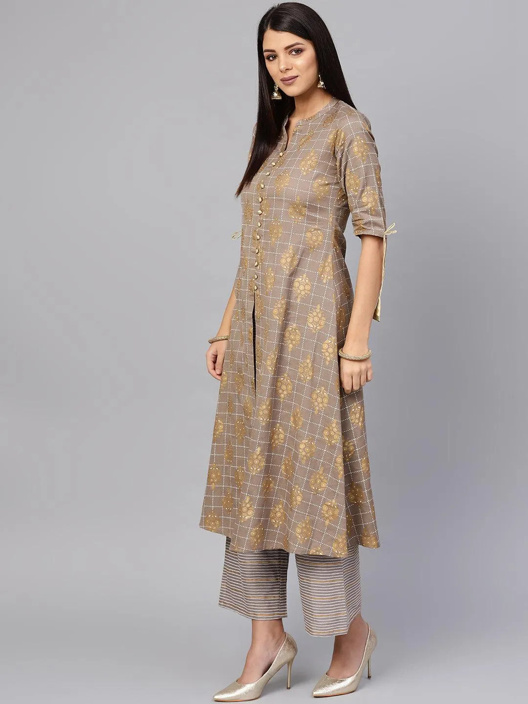 Grey Printed Cotton Kurta Set - Libas