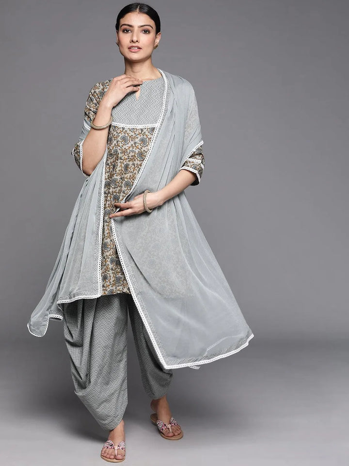 Grey Printed Cotton Suit Set - Libas