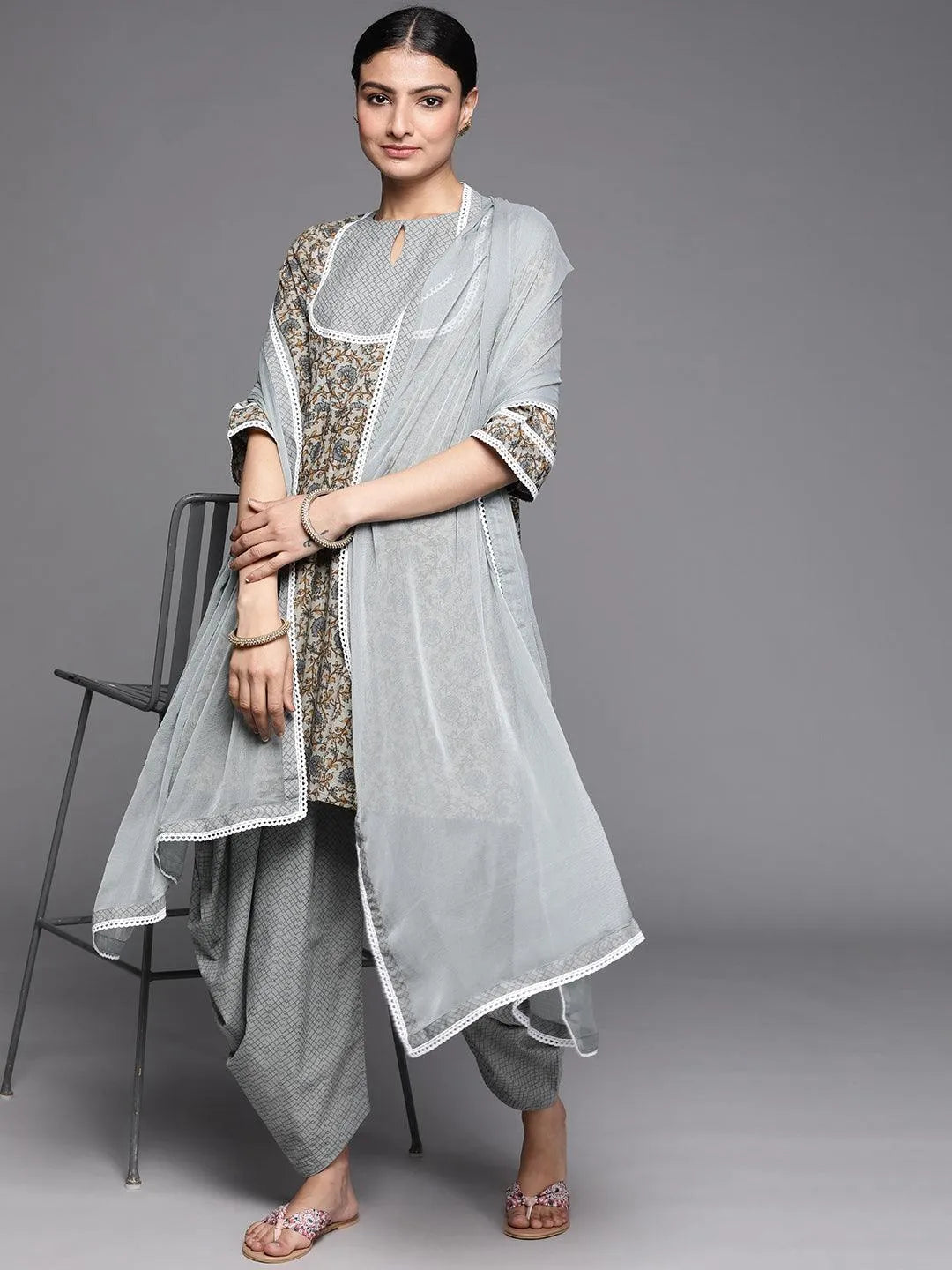 Grey Printed Cotton Suit Set - Libas