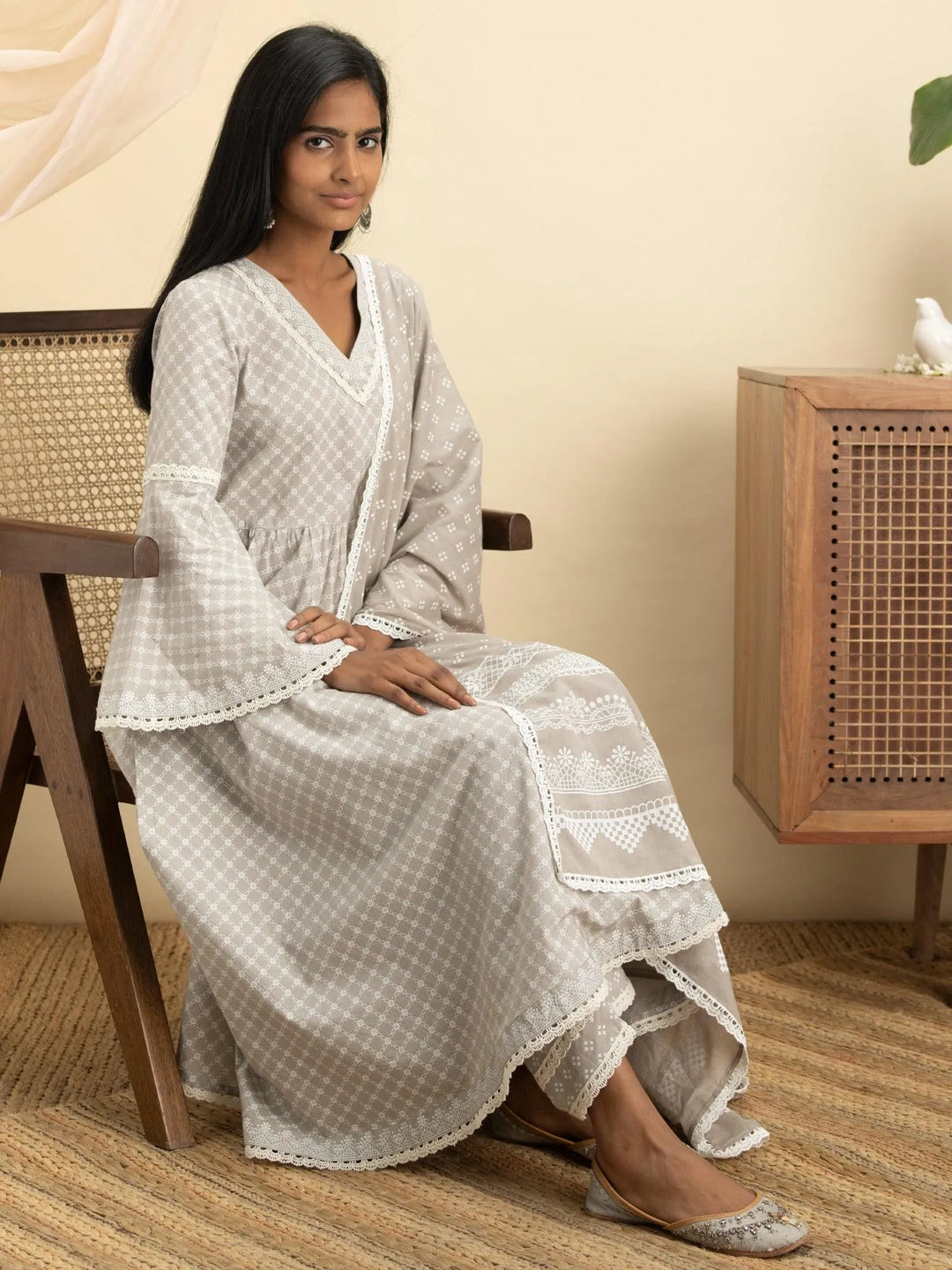 Grey Printed Cotton Suit Set - Libas 