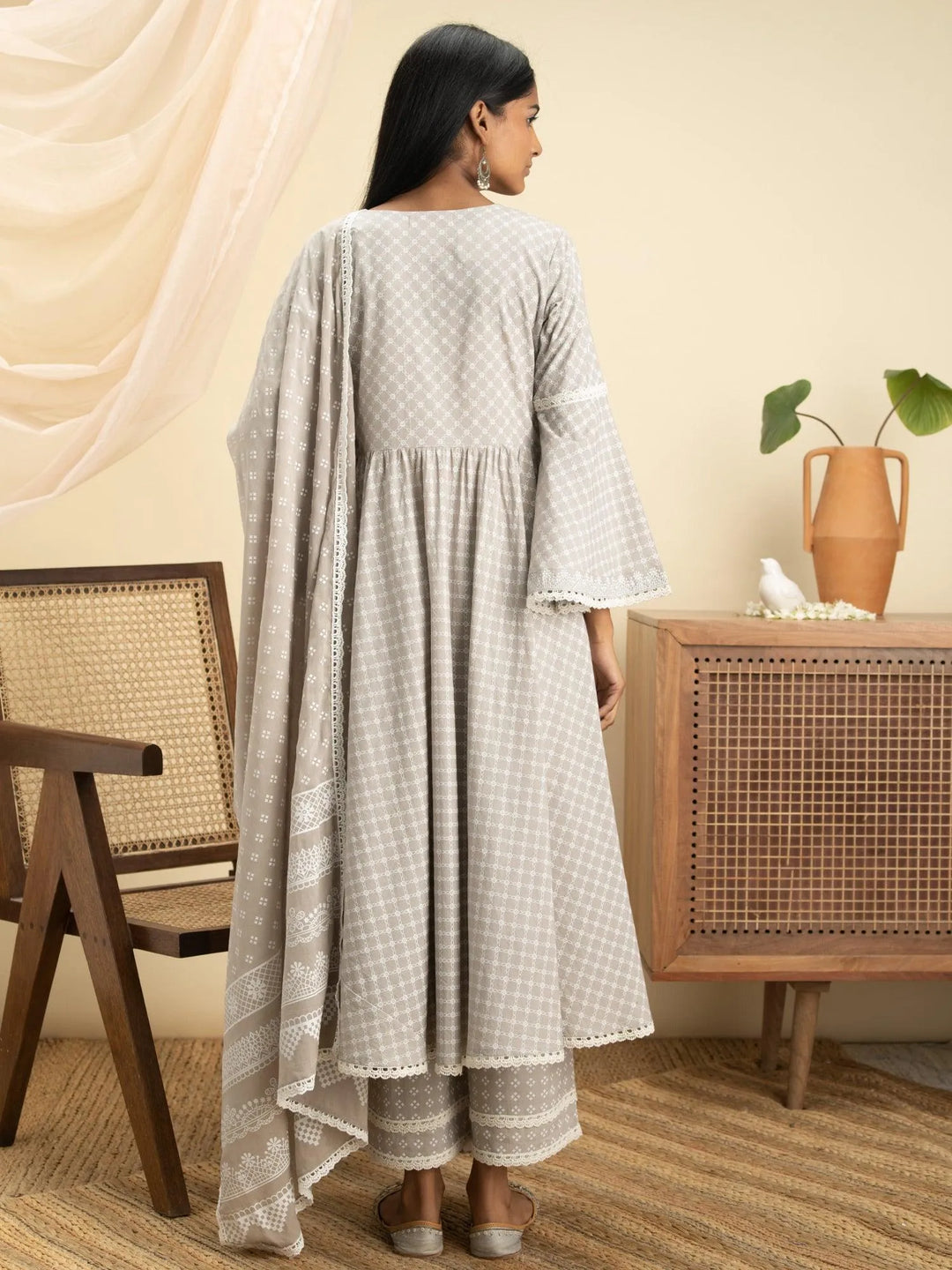 Grey Printed Cotton Suit Set - Libas 