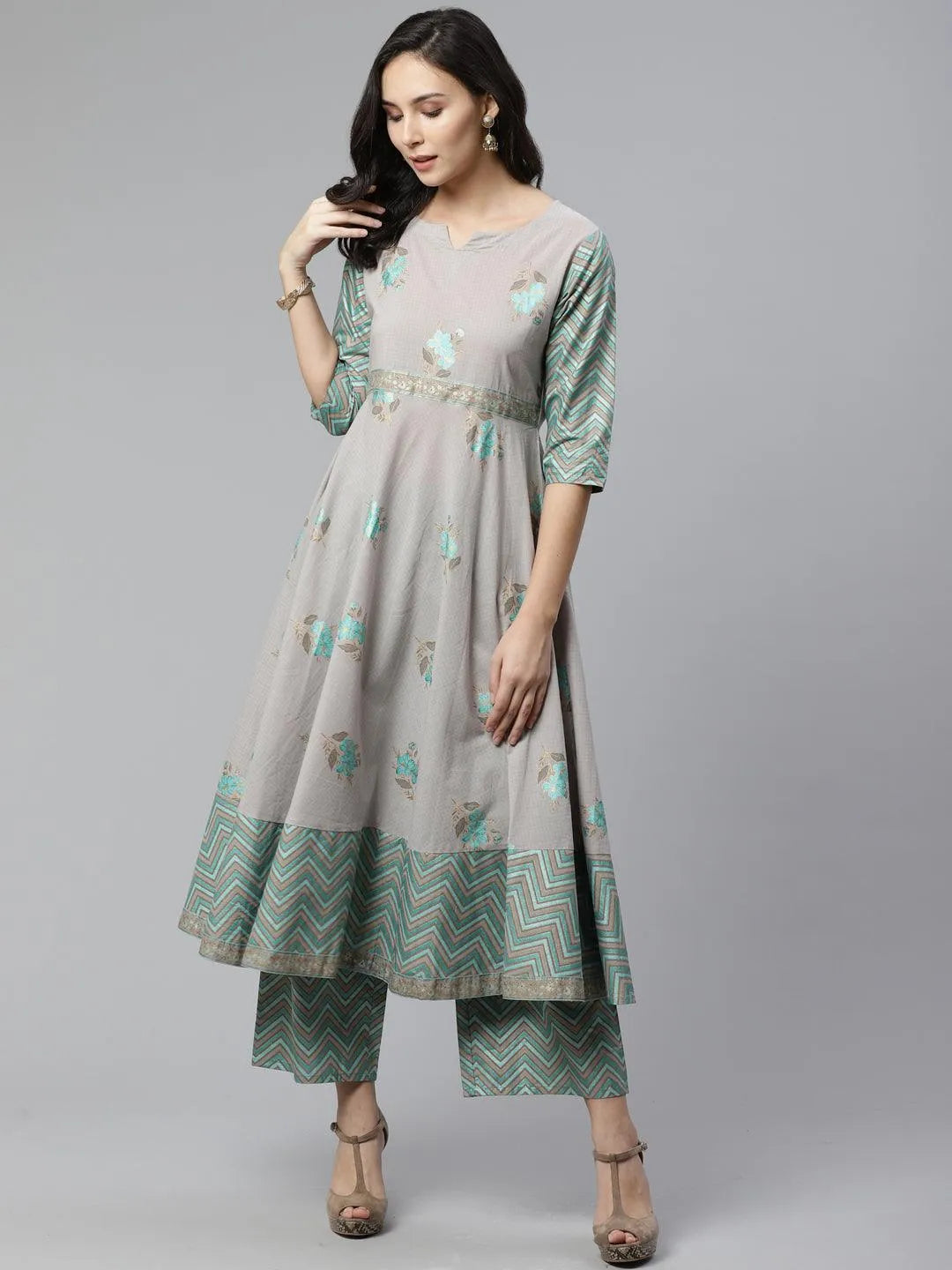 Grey Printed Cotton Kurta Set - Libas