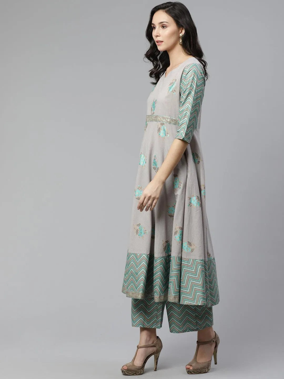 Grey Printed Cotton Kurta Set - Libas 