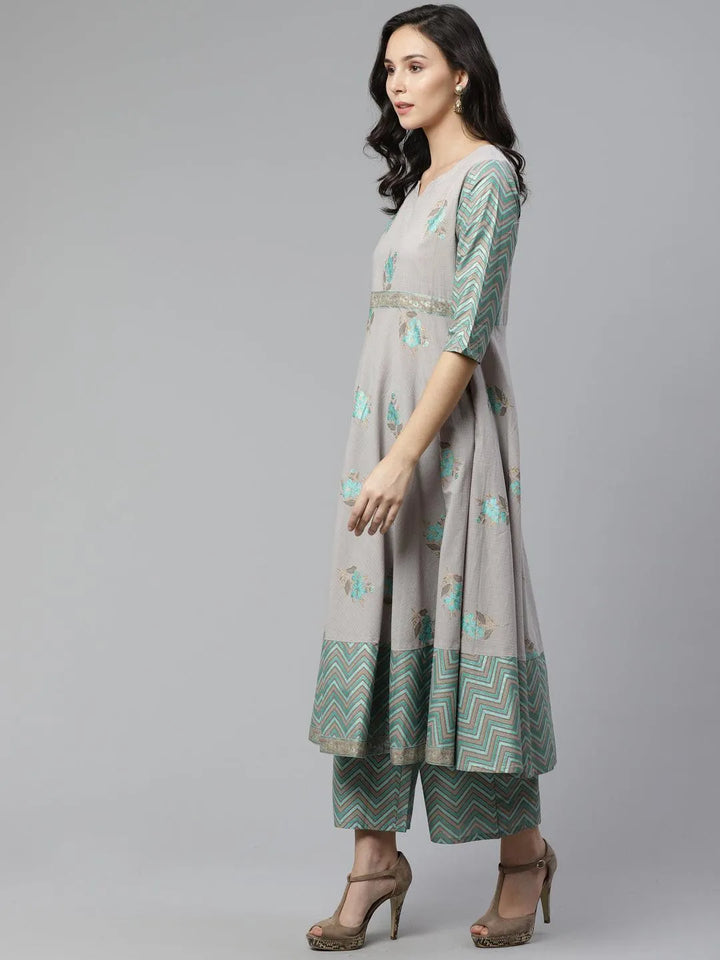 Grey Printed Cotton Kurta Set - Libas