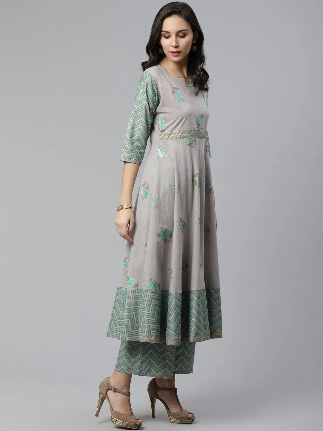 Grey Printed Cotton Kurta Set - Libas