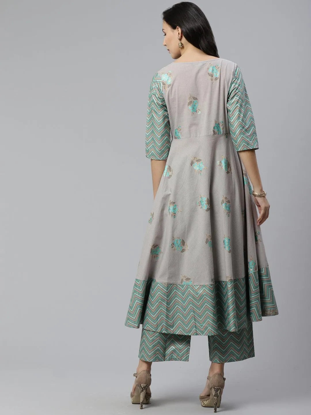 Grey Printed Cotton Kurta Set - Libas 