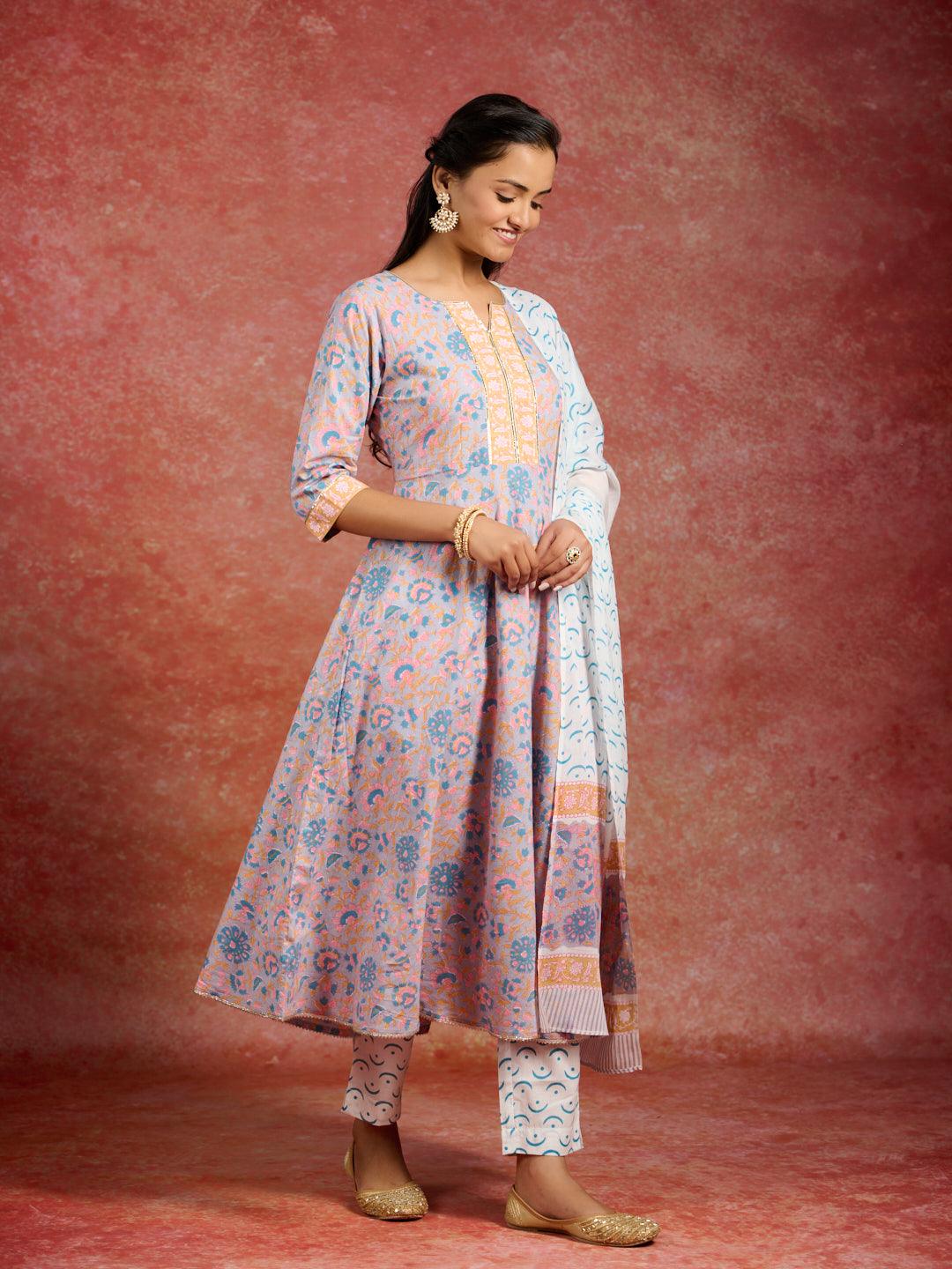 Grey Printed Cotton Anarkali Kurta With Trousers & Dupatta - Libas