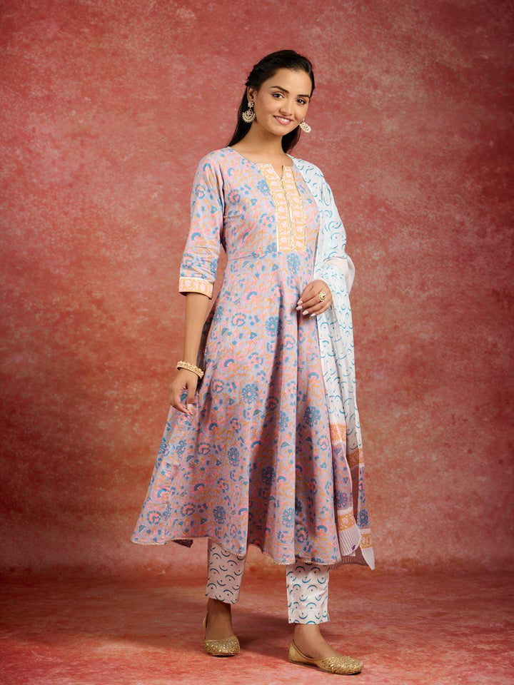 Grey Printed Cotton Anarkali Kurta With Trousers & Dupatta - Libas