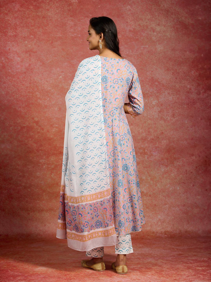 Grey Printed Cotton Anarkali Kurta With Trousers & Dupatta - Libas