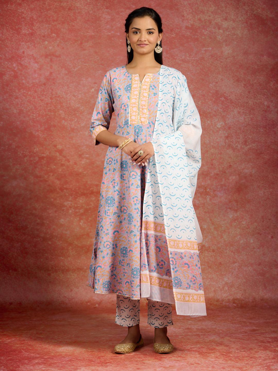 Grey Printed Cotton Anarkali Kurta With Trousers & Dupatta - Libas